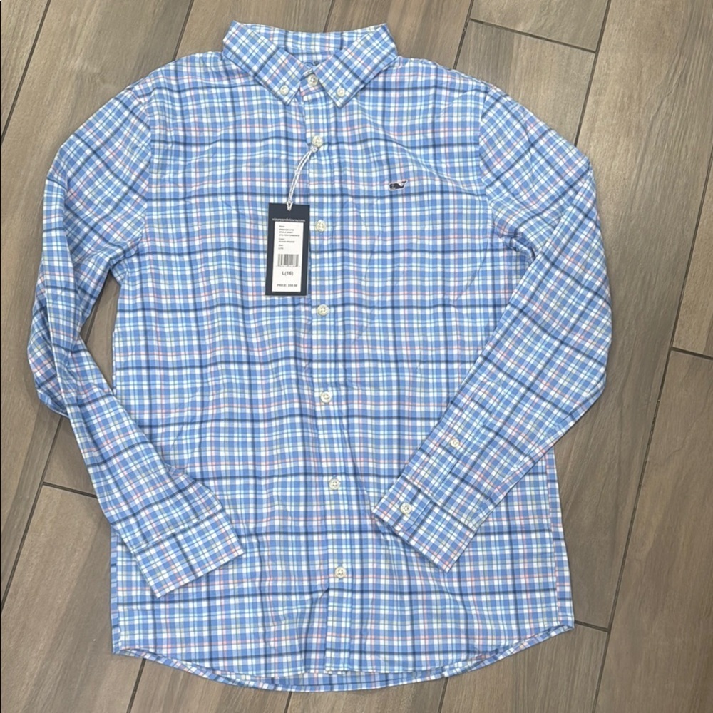 NWT boys Vineyard Vines Blue Button Down Shirt Classic Plaid size L (16)